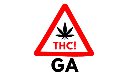 Caution symbol with THC icon inside of it and Georgia underneath
